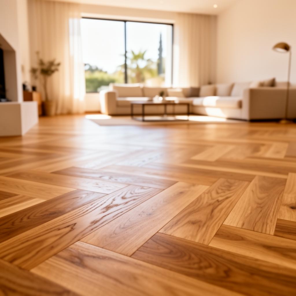 Salón con parquet en espiga terminado